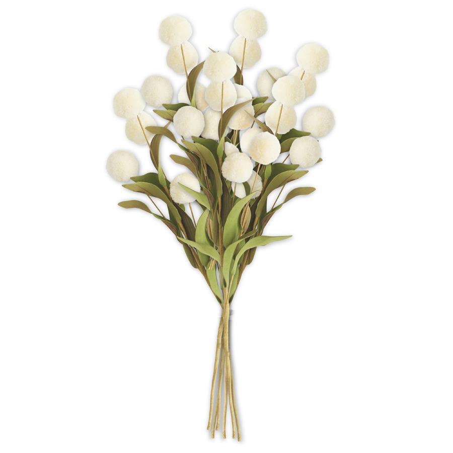 13 Inch Cream Pompom Pick w/Green Eva Leaves