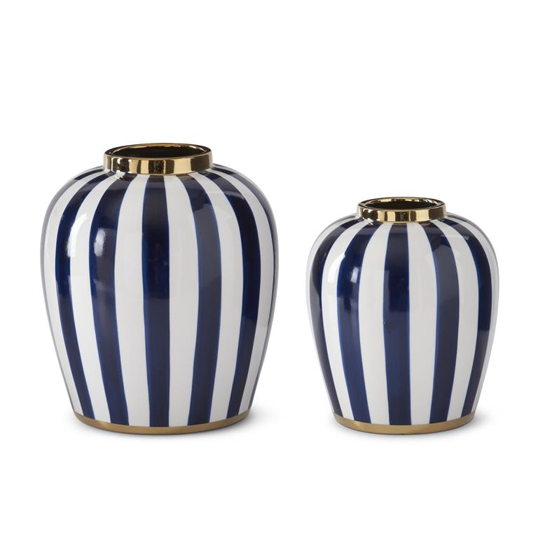 Blue & White Vertical Striped Ceramic Vases