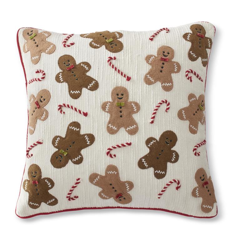 18 Inch Candy Cane & Gingerbread Men Cream Pillow