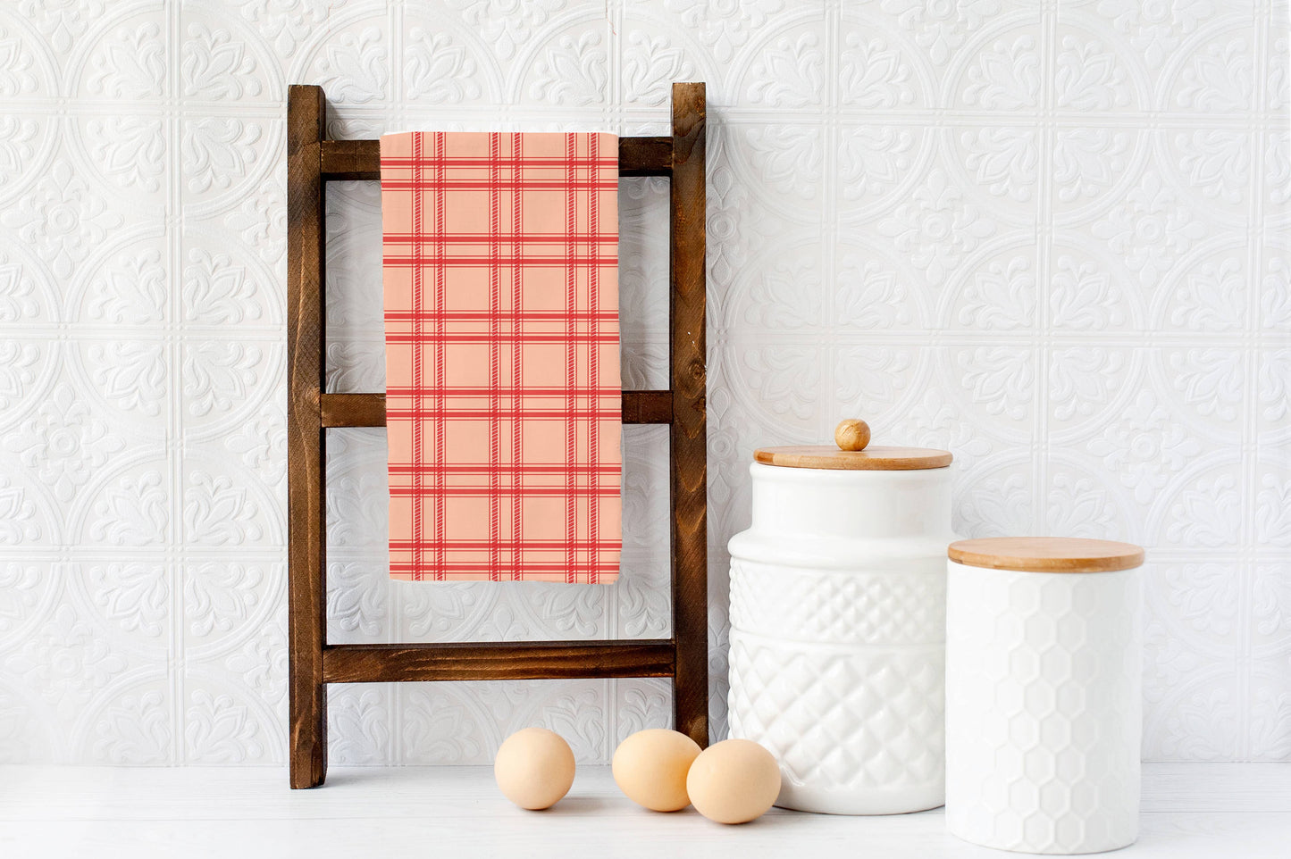 Pink and Red Christmas Plaid Tea Towel - Holiday Kitchen