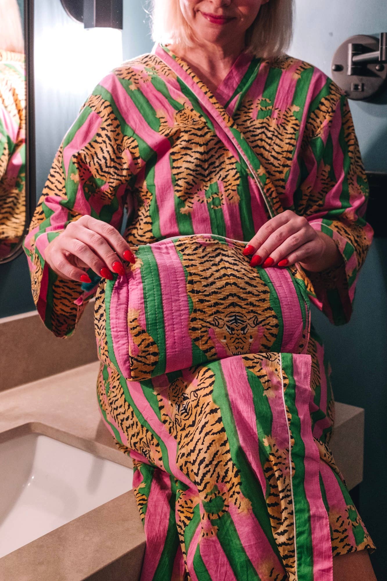 Tiger Print Kimono Robe | Pink and Green