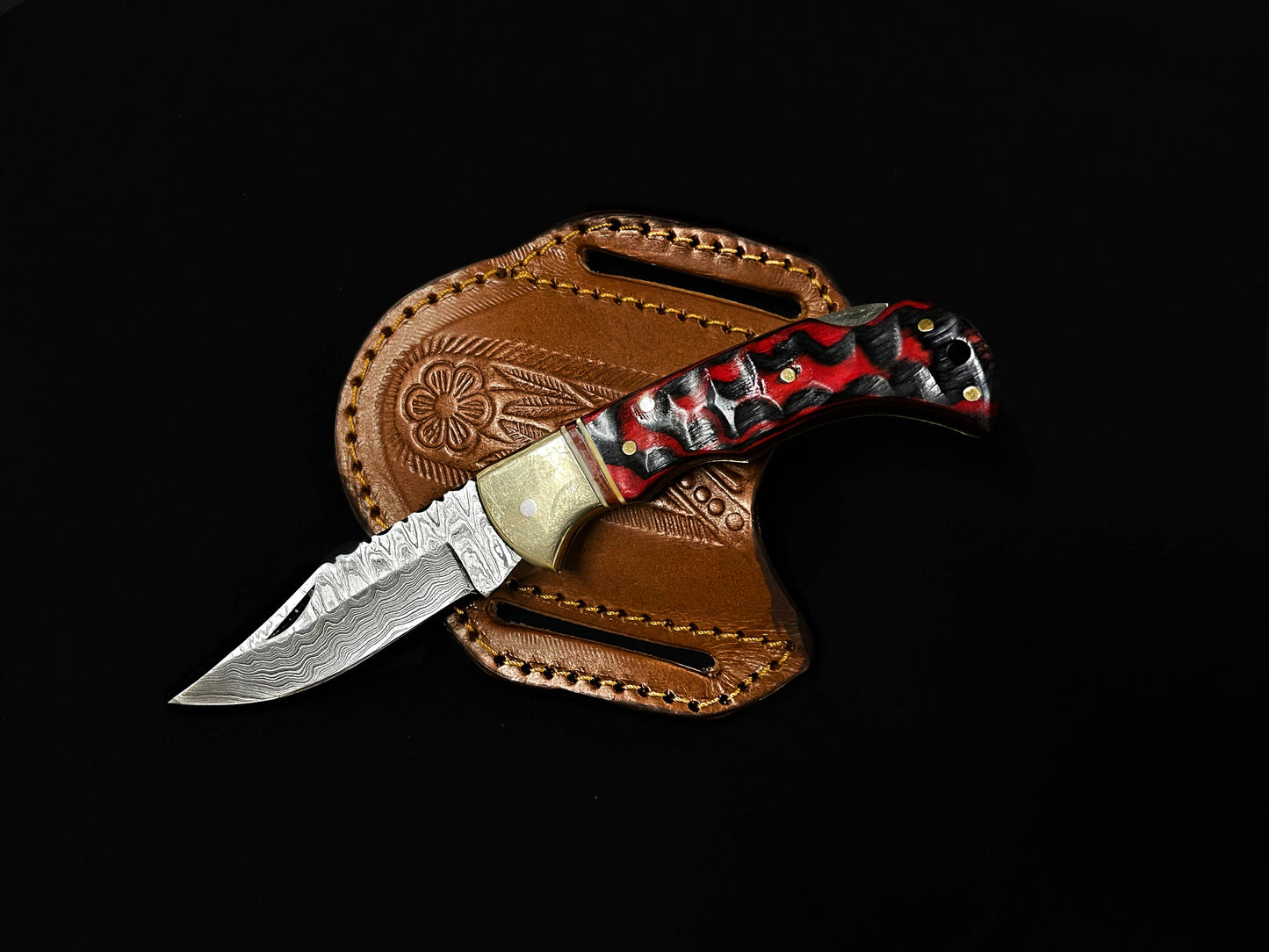 BP-007 Red Damascus Steel Folding Knife Limited Run /Pancake
