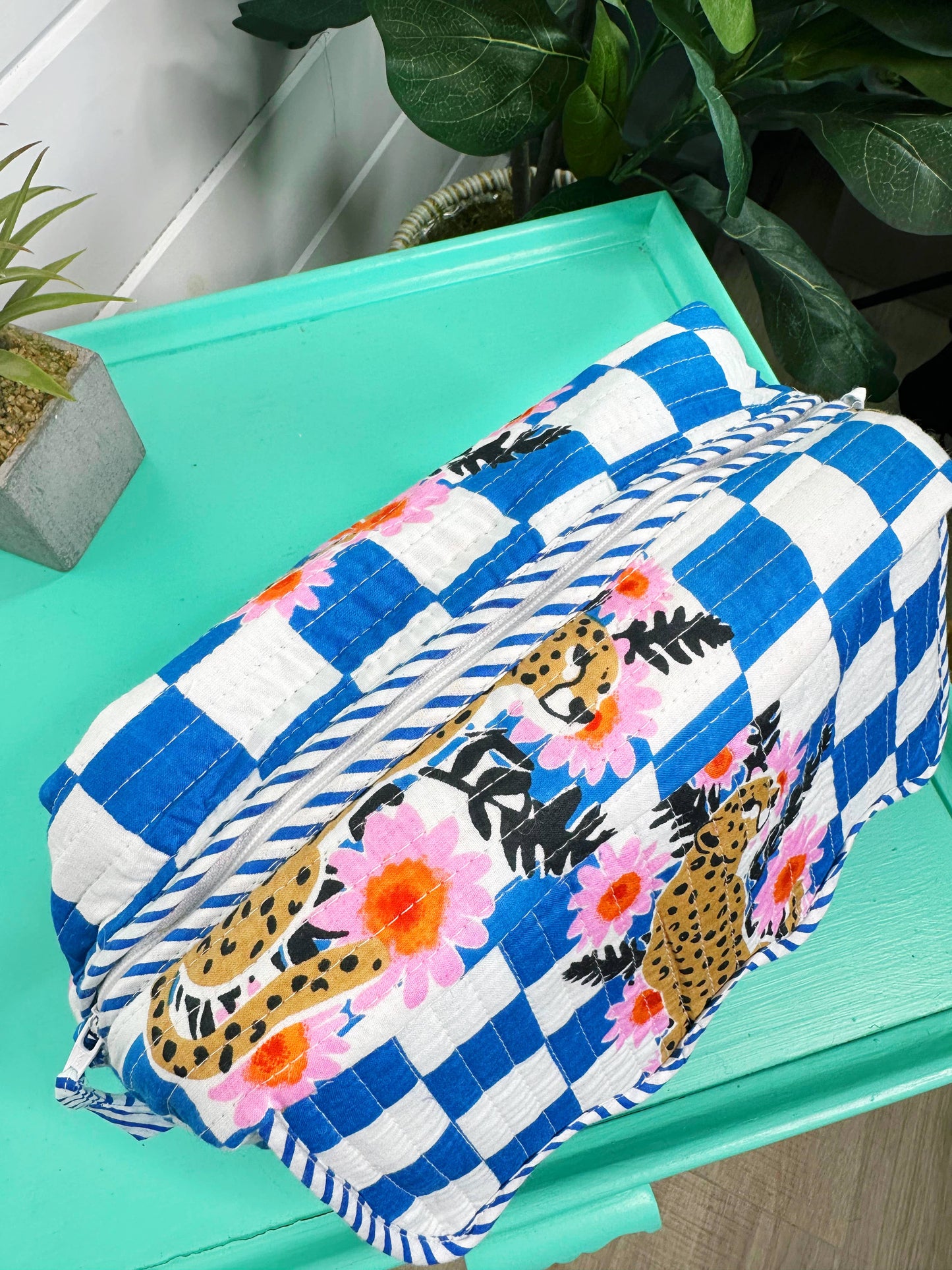 Ruffle Toiletry Bag | Quilted Cosmetics Bag | Blue Checkered