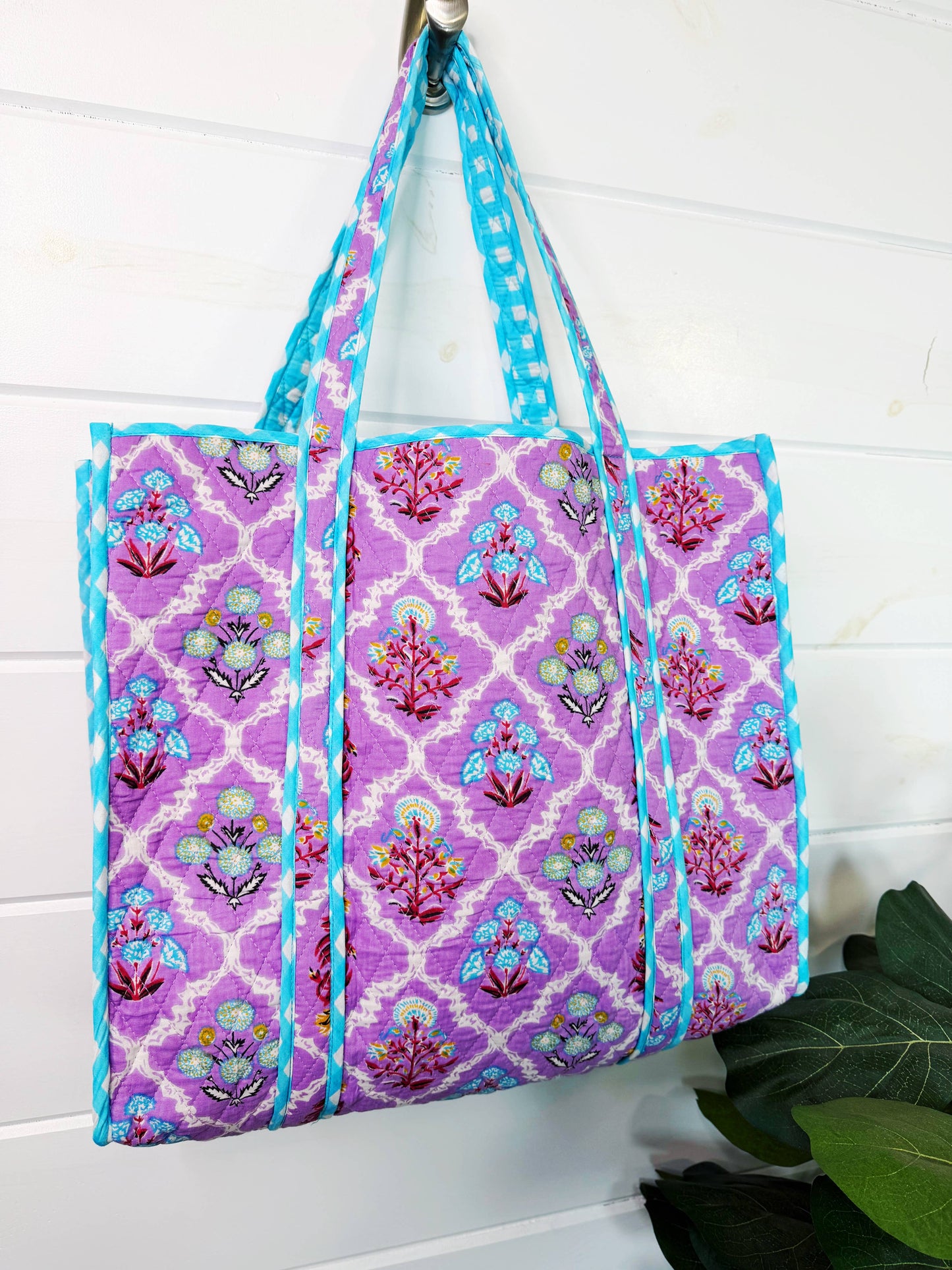 Large Quilted Travel Tote Purple Wildflowers