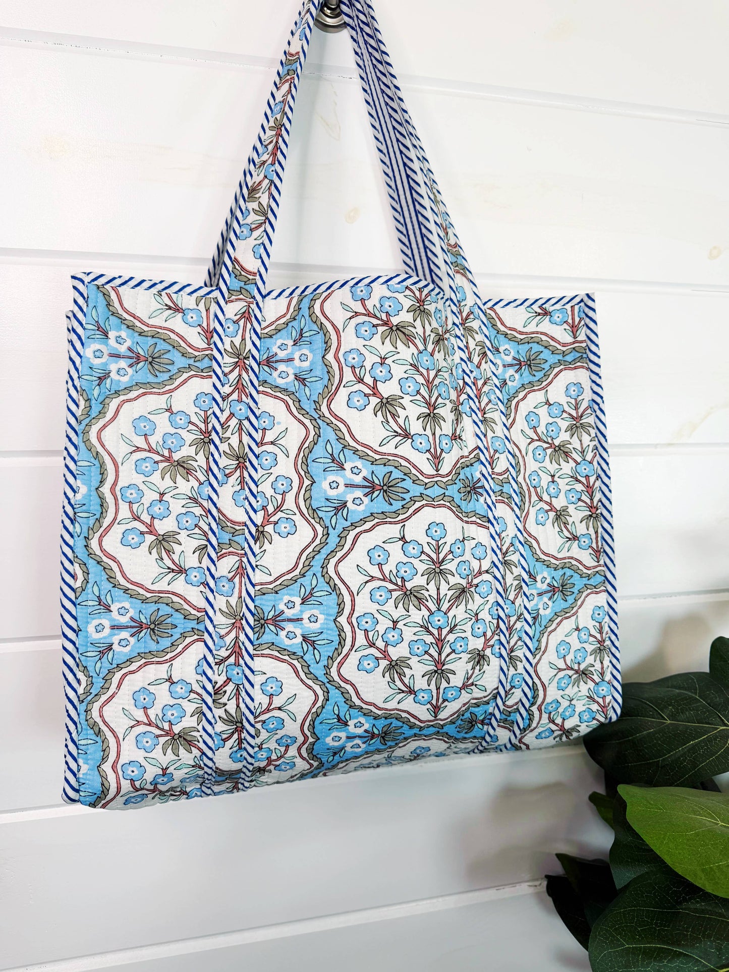 Large Quilted Travel Tote Blue Petals Print