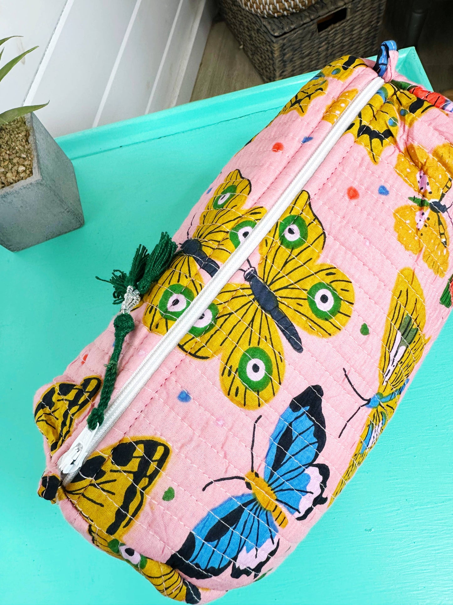 Quilted Makeup Bag | Cosmetic Toiletry Bag | Butterfly Print