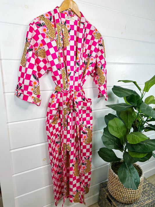 Women's Cotton Robe | Checkered Print Jaguar Kimono Robes