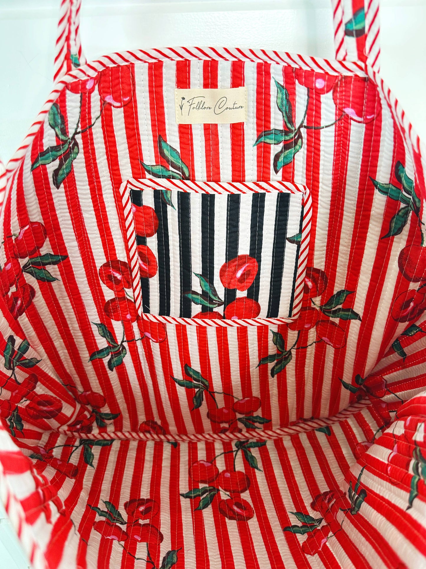 Quilted Tote Bag | Cherry Tote | Large Shopping Tote Bag