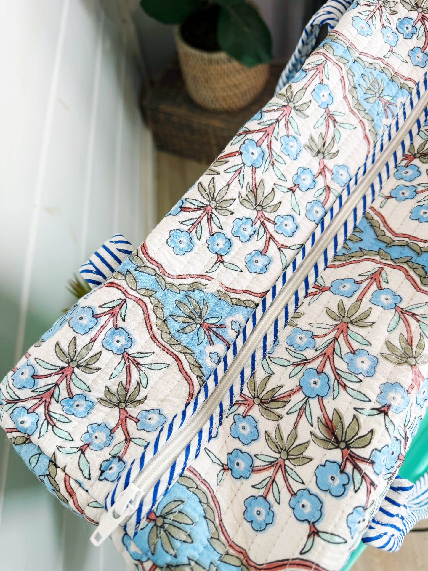 Quilted Weekender Duffle Bag Blue Petals Floral Print