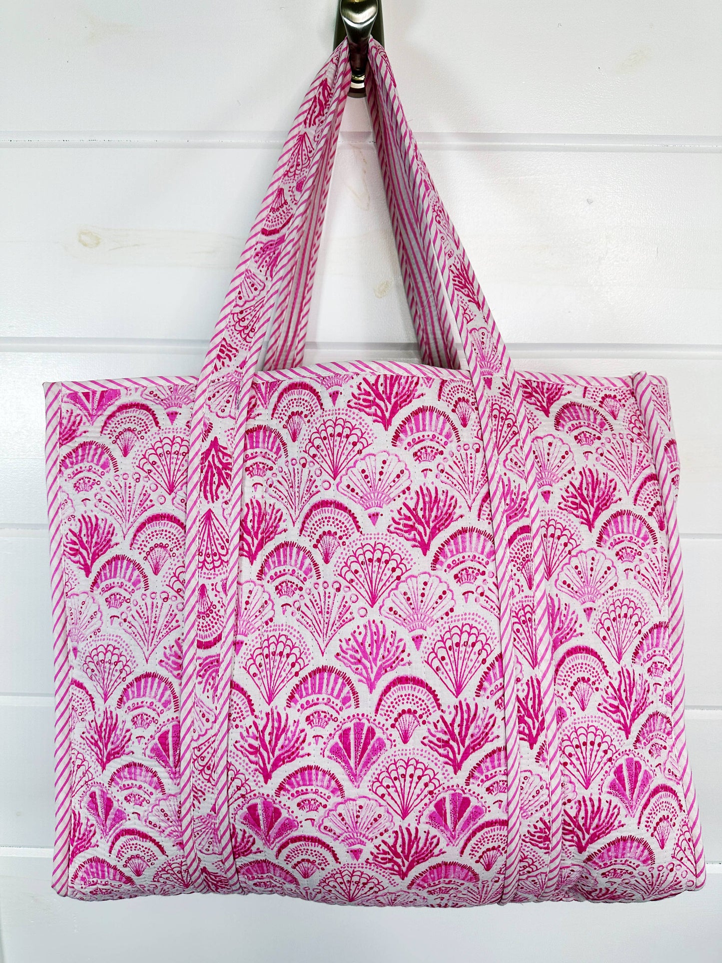 Quilted Tote Bag | Pink Seashells Bag | Large Shopping Tote