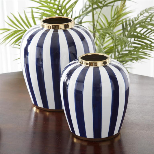 Blue & White Vertical Striped Ceramic Vases