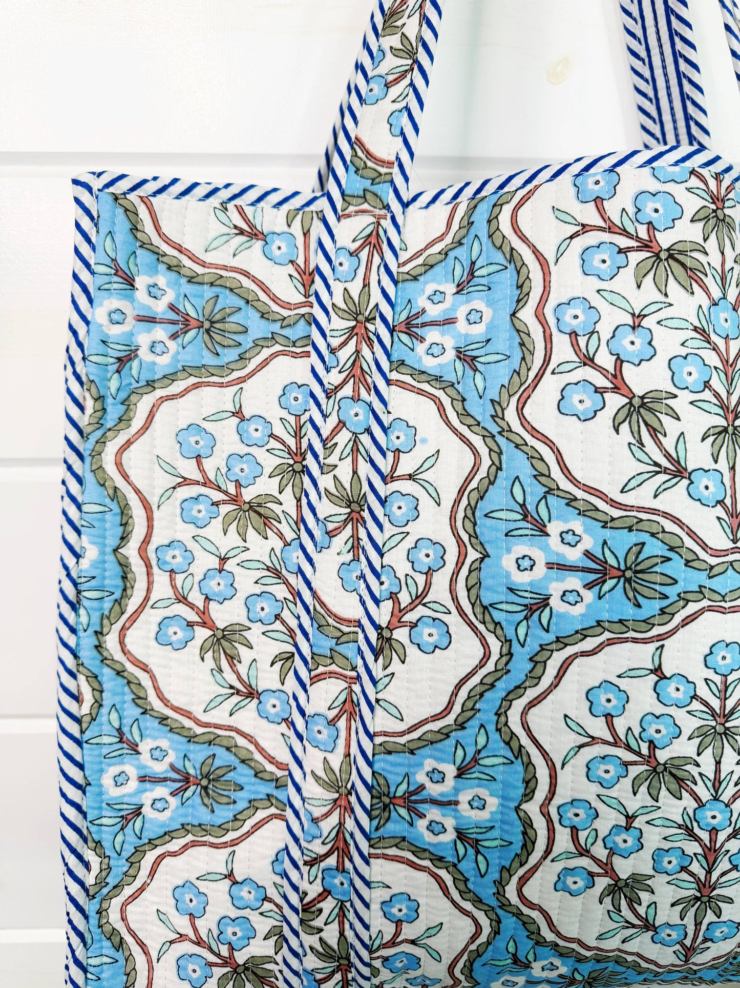 Large Quilted Travel Tote Blue Petals Print