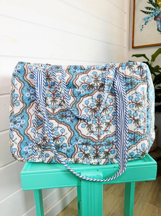 Quilted Weekender Duffle Bag Blue Petals Floral Print