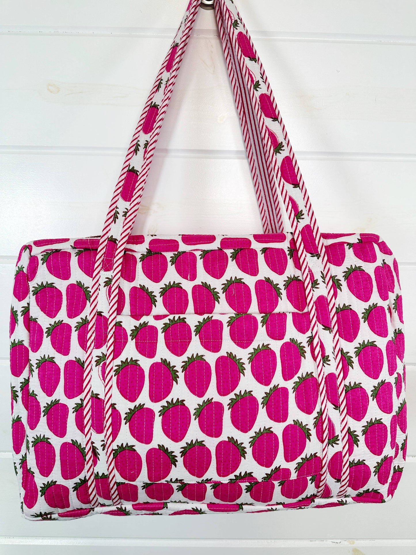 Quilted Duffle Bag | Weekender Overnight Bag | Strawberry