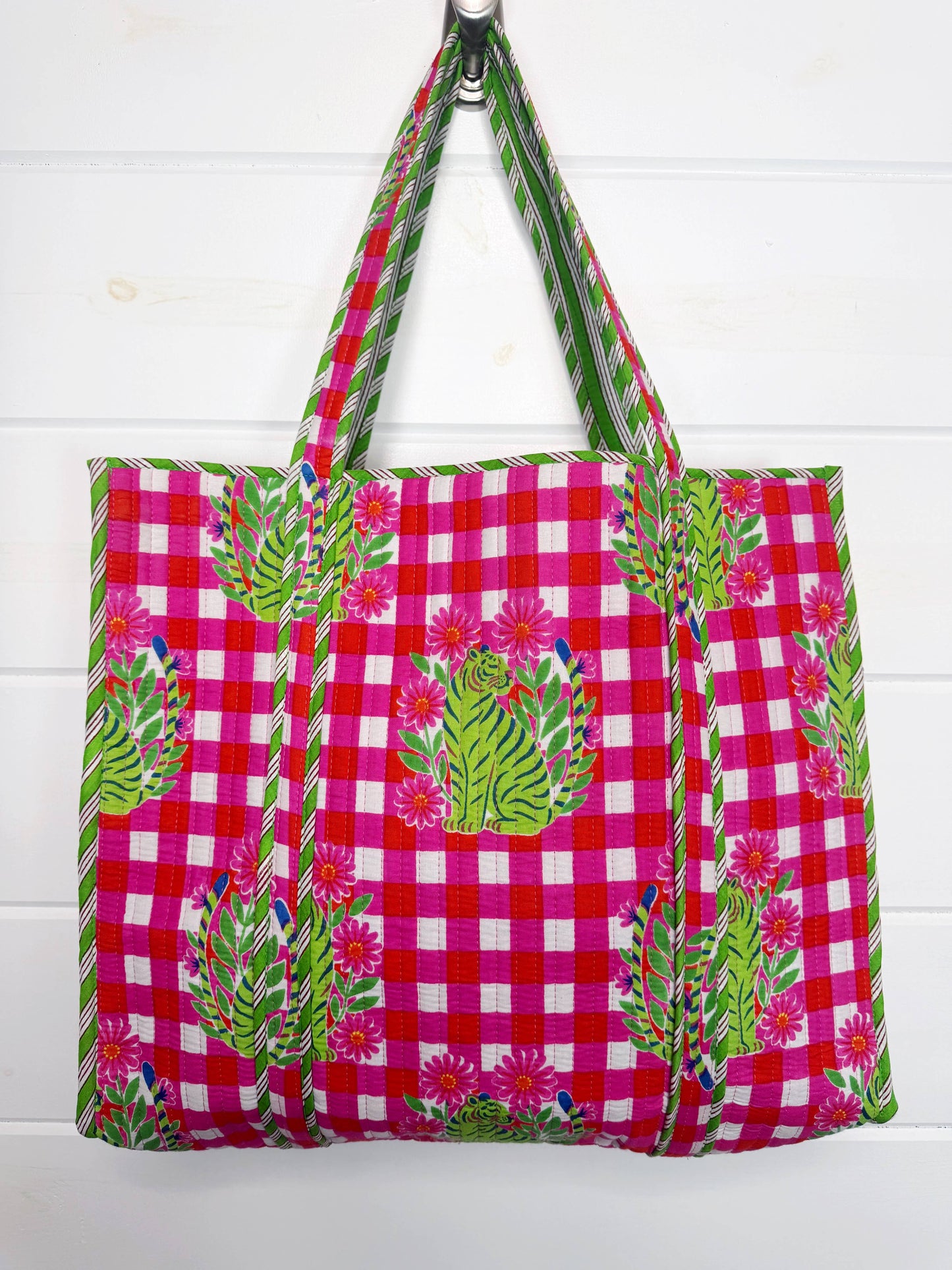 Large Quilted Travel Tote Pink Checkered Tiger