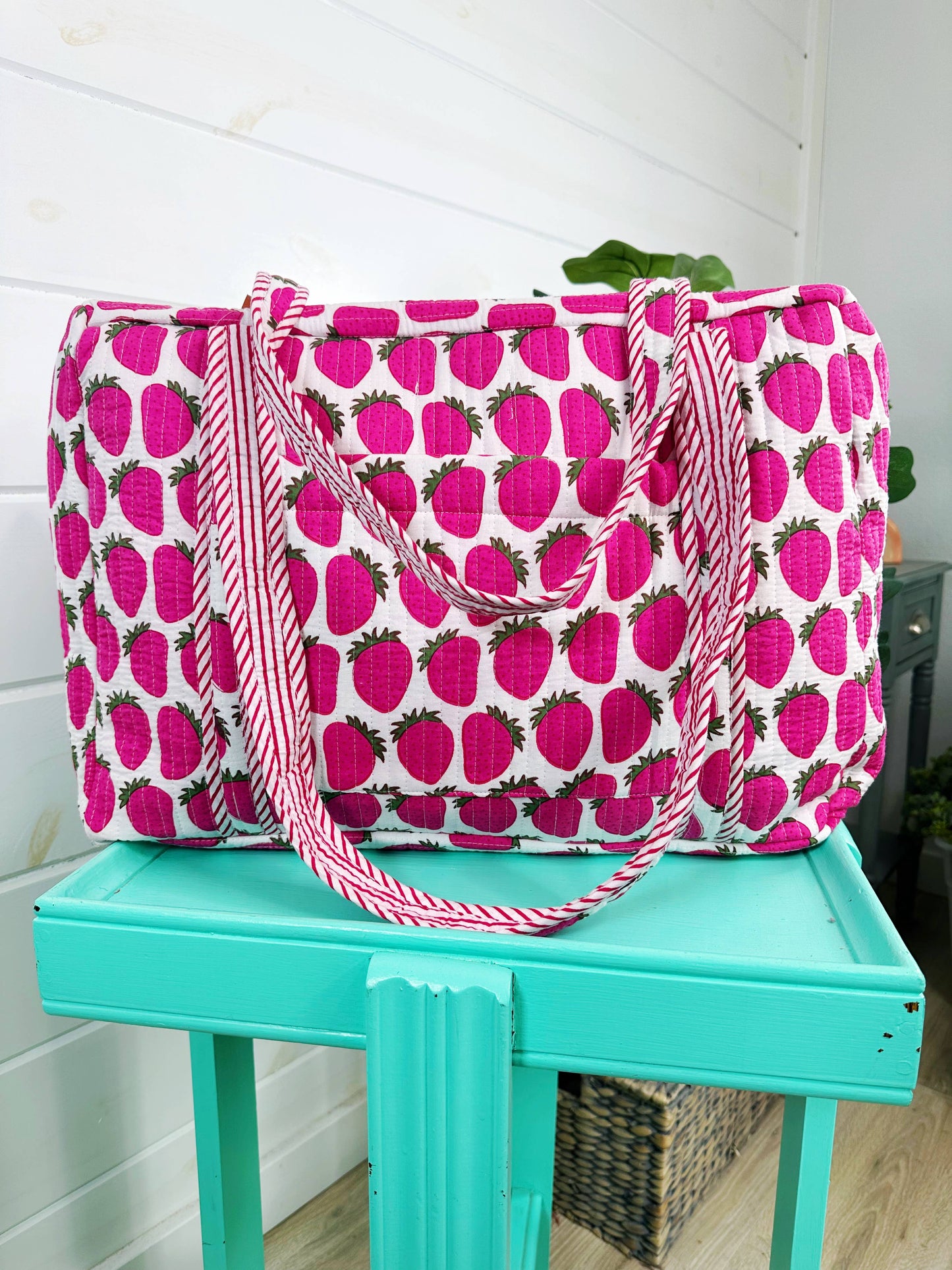Quilted Duffle Bag | Weekender Overnight Bag | Strawberry