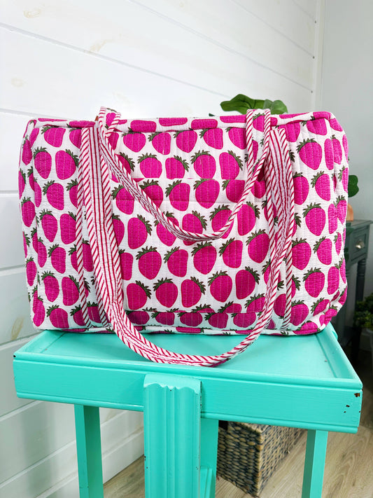 Quilted Duffle Bag | Weekender Overnight Bag | Strawberry