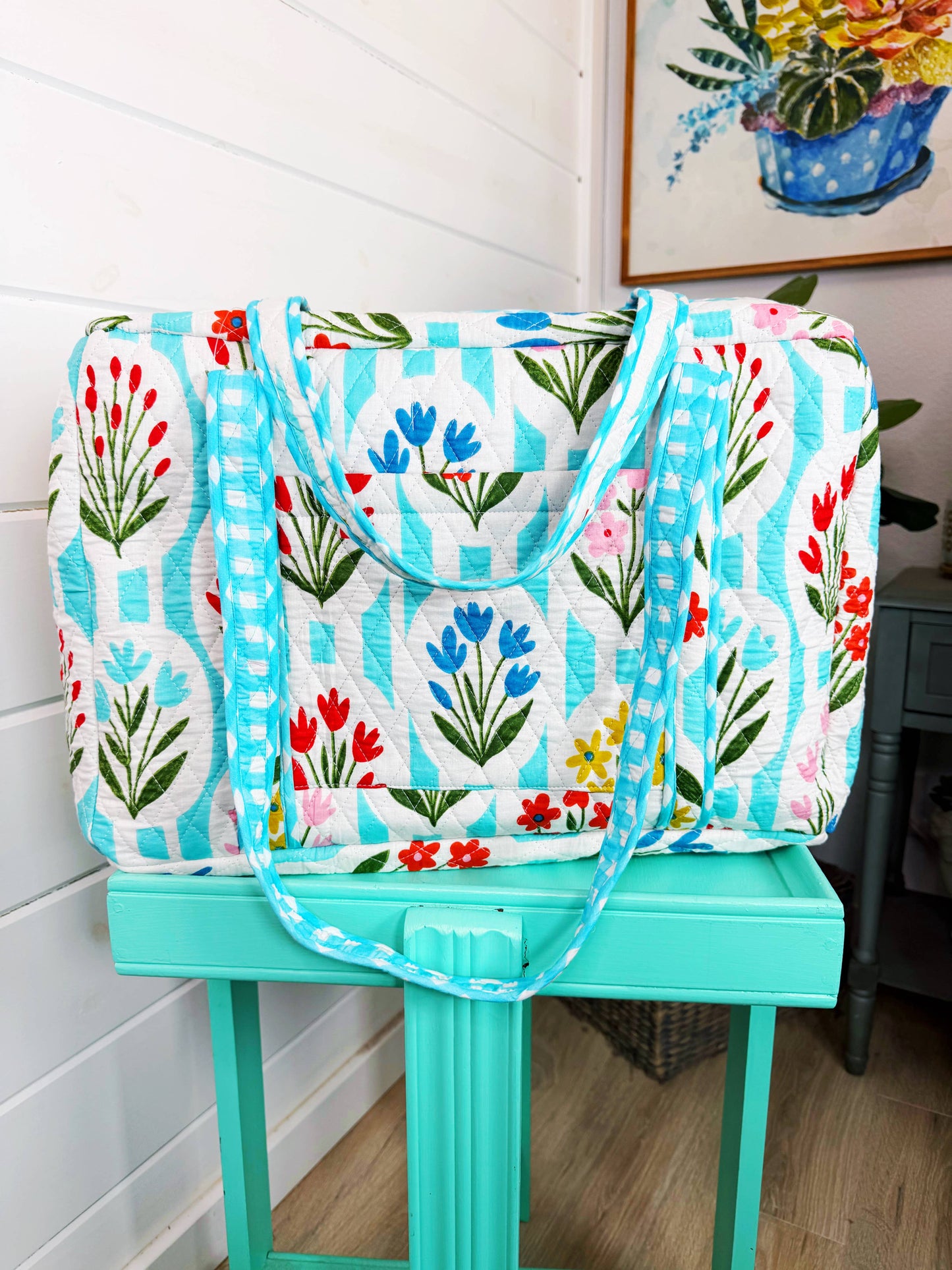 Quilted Weekender Duffle Bag Aqua Garden Party