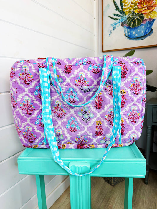 Quilted Weekender Duffle Bag Purple Wildflowers