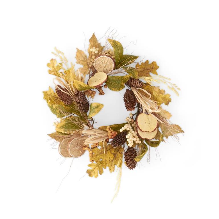 14 Inch Mixed Fall Leaves Candle Ring w/Apple & Orange