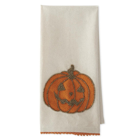 28 Inch Handcrafted Cream Gold Beaded & Orange Towel
