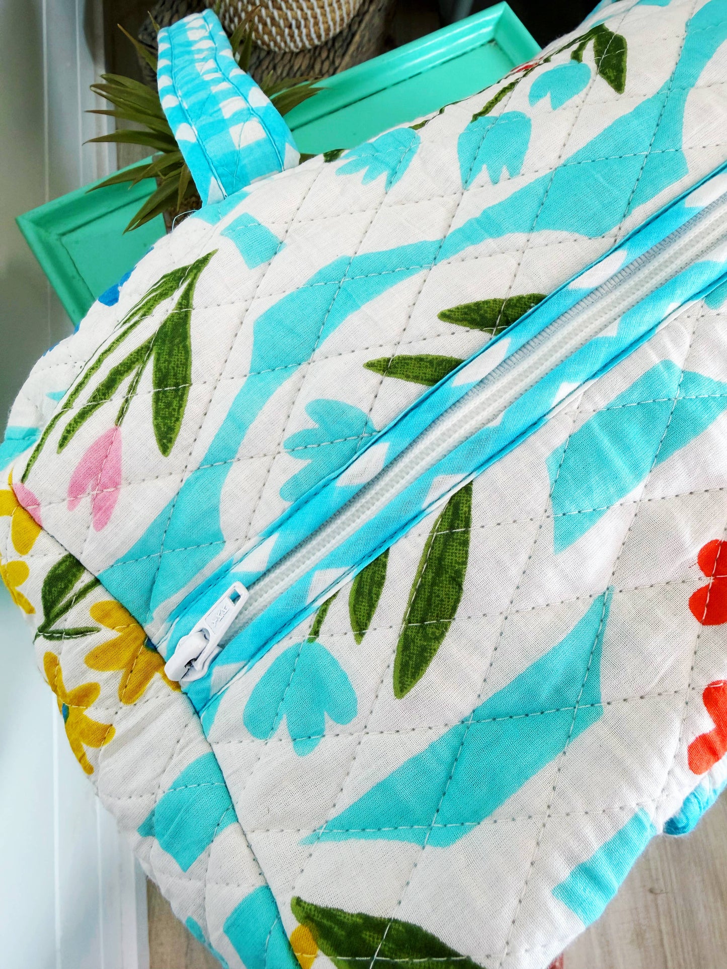 Quilted Weekender Duffle Bag Aqua Garden Party