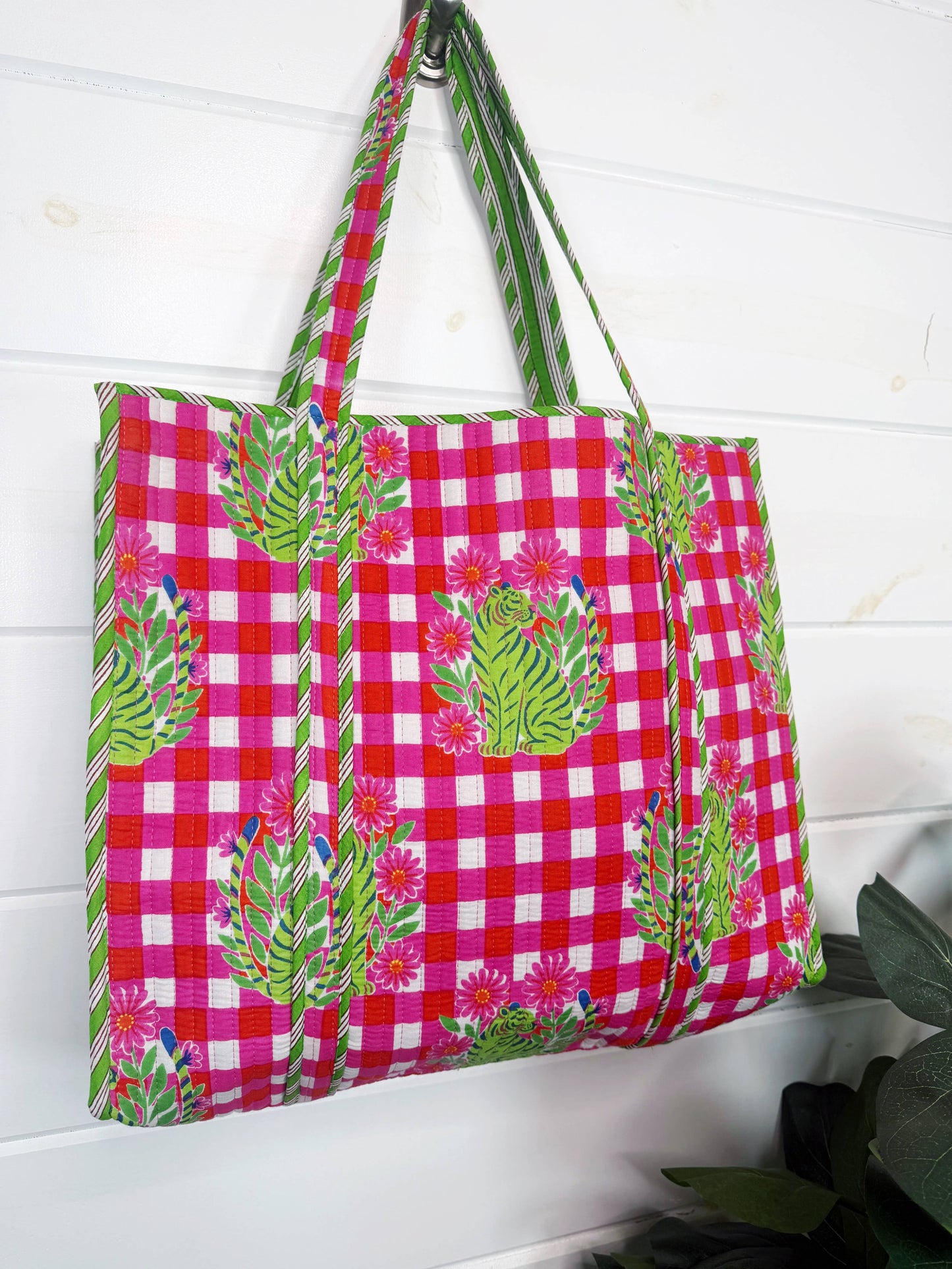 Large Quilted Travel Tote Pink Checkered Tiger
