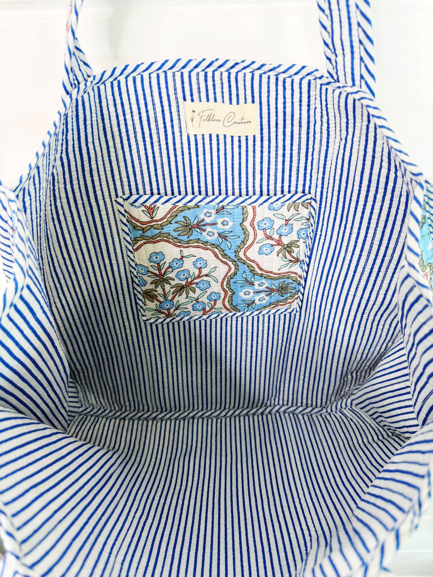 Large Quilted Travel Tote Blue Petals Print