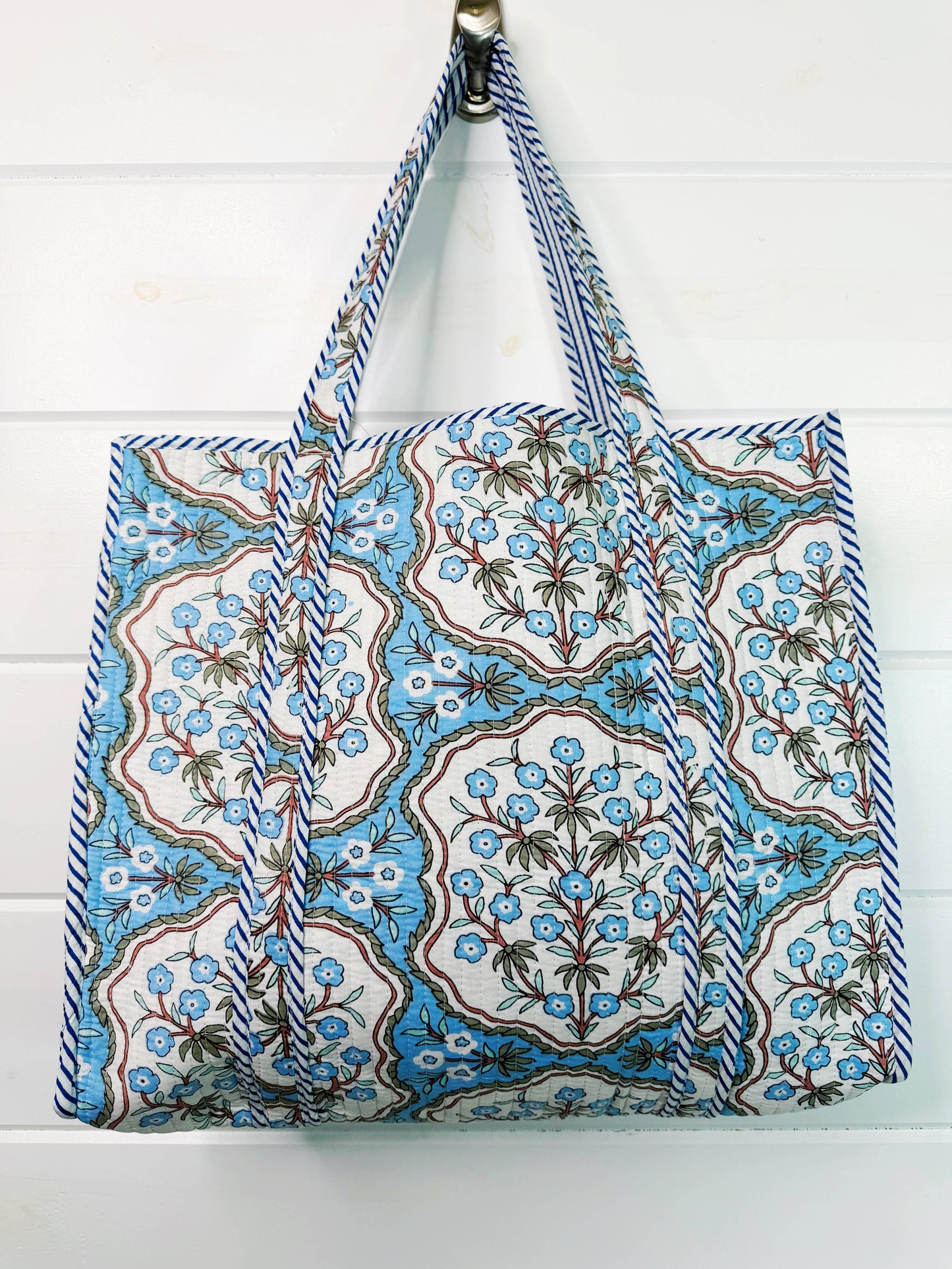 Large Quilted Travel Tote Blue Petals Print