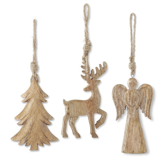 Assorted 6 Inch Mango Wood Holiday Ornaments