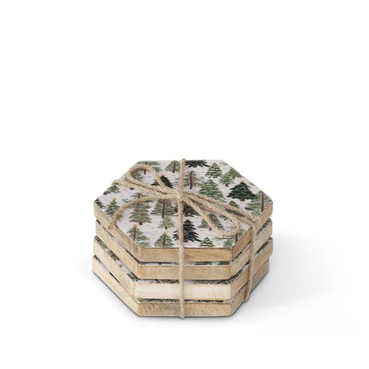 Set of 4 Hexagon Christmas Trees Enameled Wood Coasters