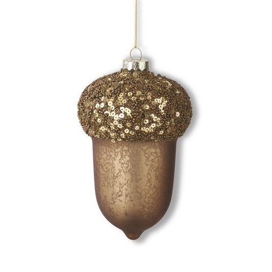 6.5 Inch Brown Mercury Glass Acorn Ornament w/ Sequins