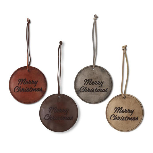 Assorted 4 Inch Round Leather MERRY CHRISTMAS Engraved Ornaments