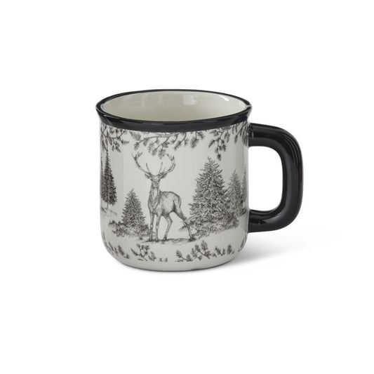 4.25 Inch White & Black Toile w/Deer Ceramic Mug
