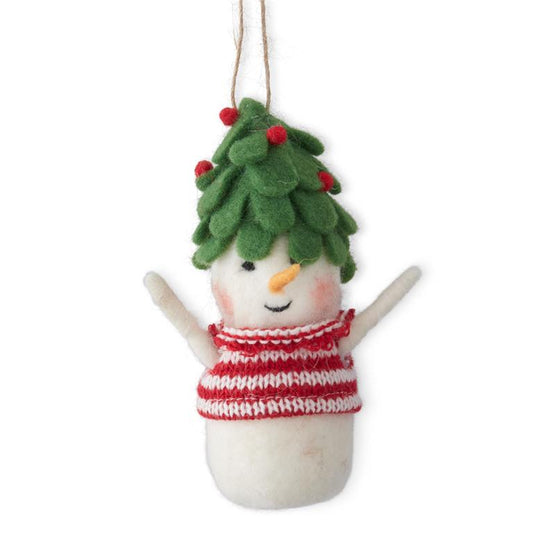 5.5 Inch White Wool Snowman w/Tree Hat Ornament