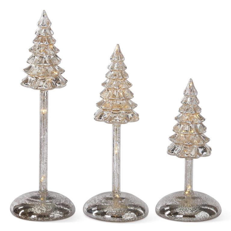 Set of 3 Silver Mercury Glass LED Christmas Tree Fi