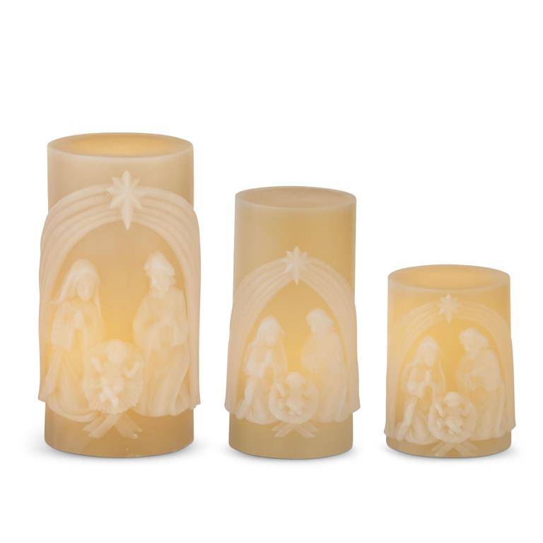 Set of 3 Cream Nativity LED Candles w/Timers