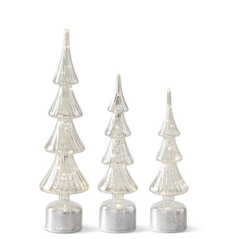 Set of 3 Rotating Ribbed Silver Mercury Glass LED Tr