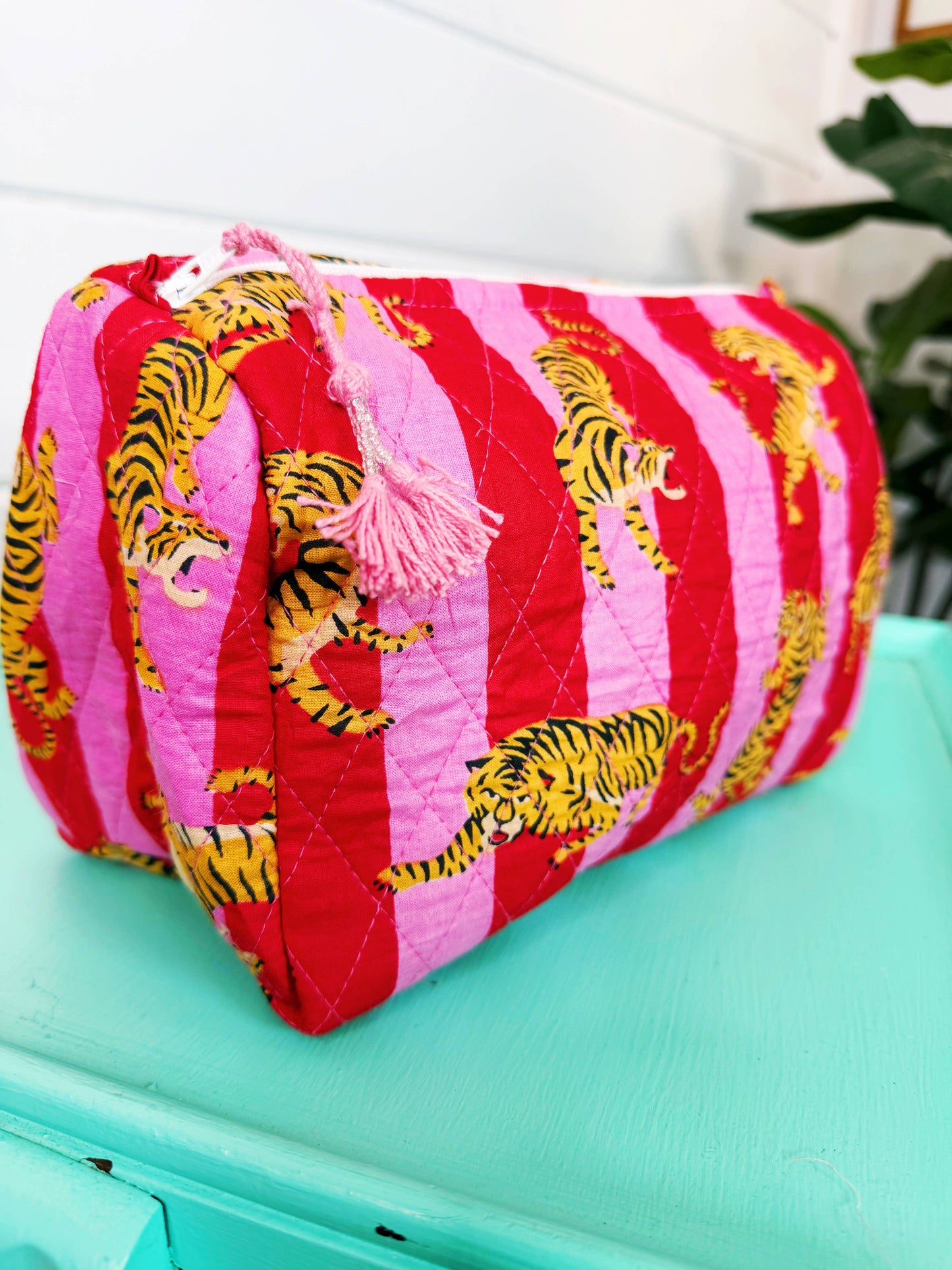 Quilted Cosmetics Bag Pink Red Tiger Print