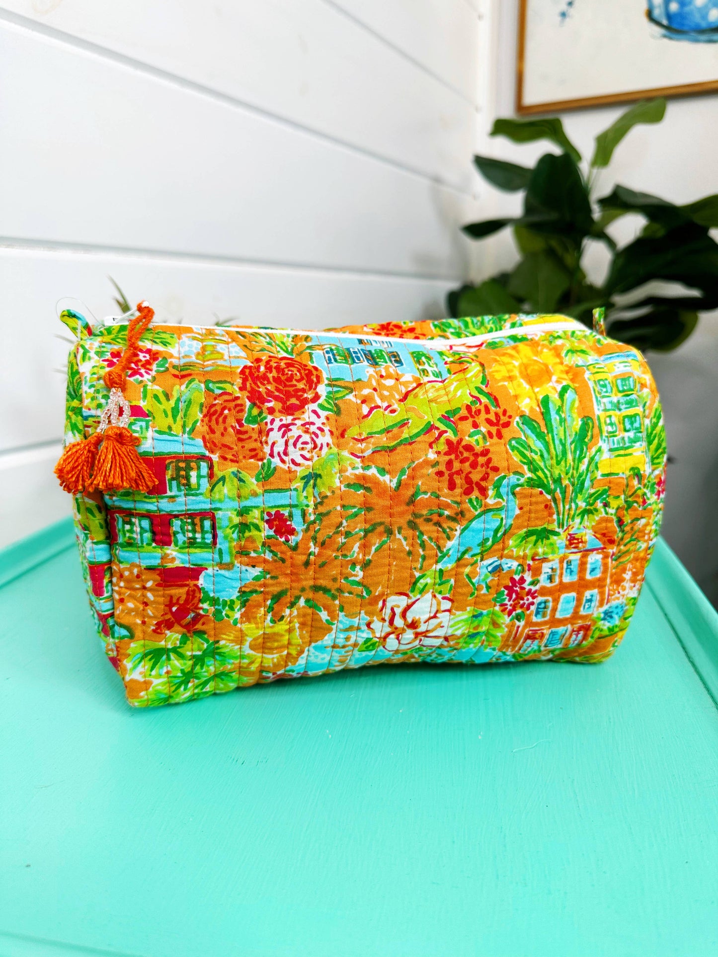 Quilted Cosmetics Makeup Bag - Orange Southern Town Print