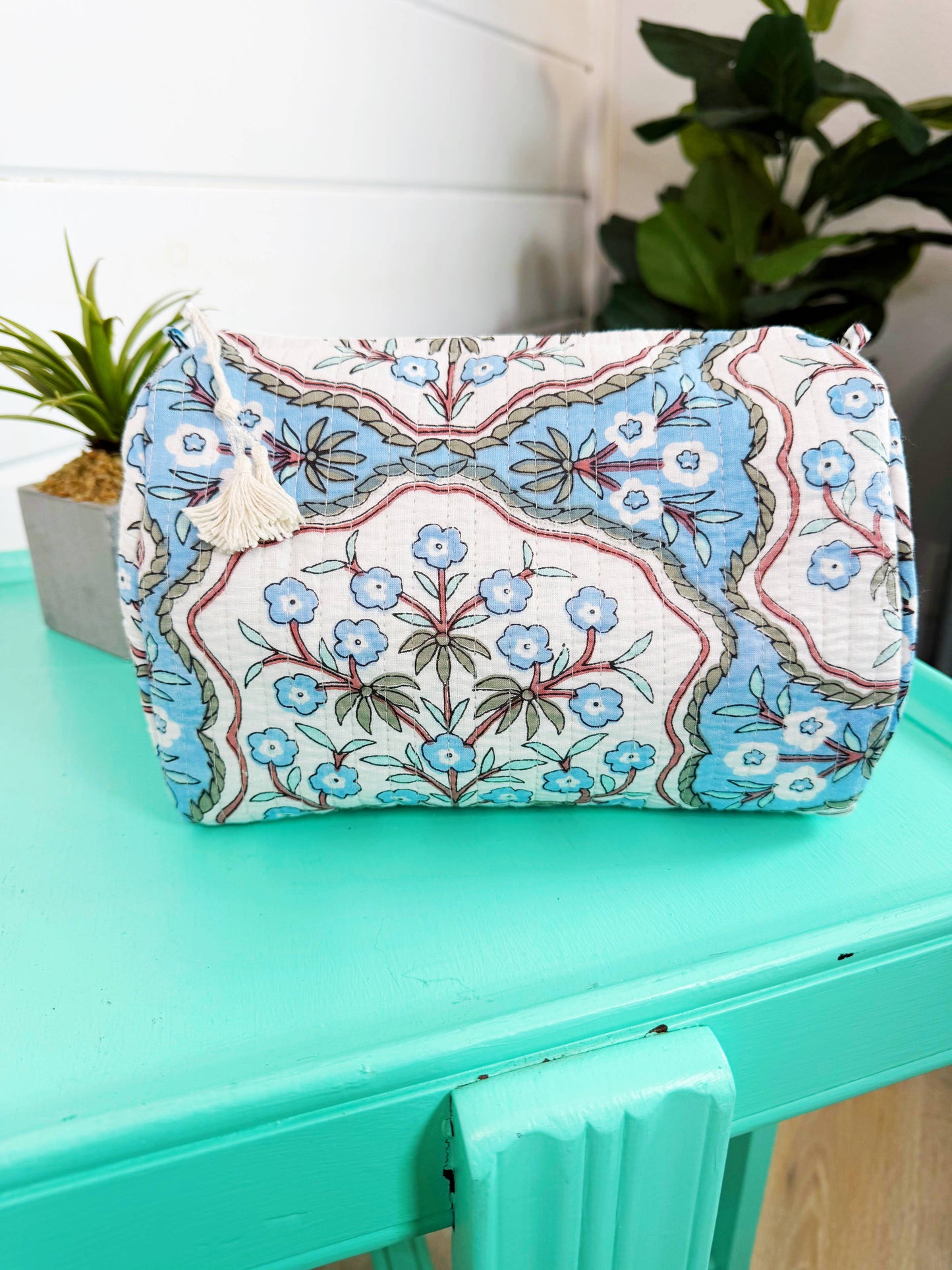 Quilted Cosmetic Bag Blue Petals