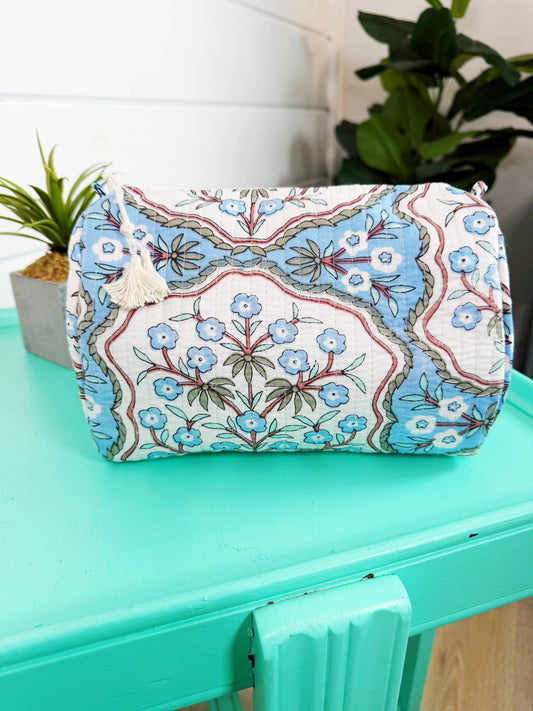 Quilted Cosmetic Bag Blue Petals