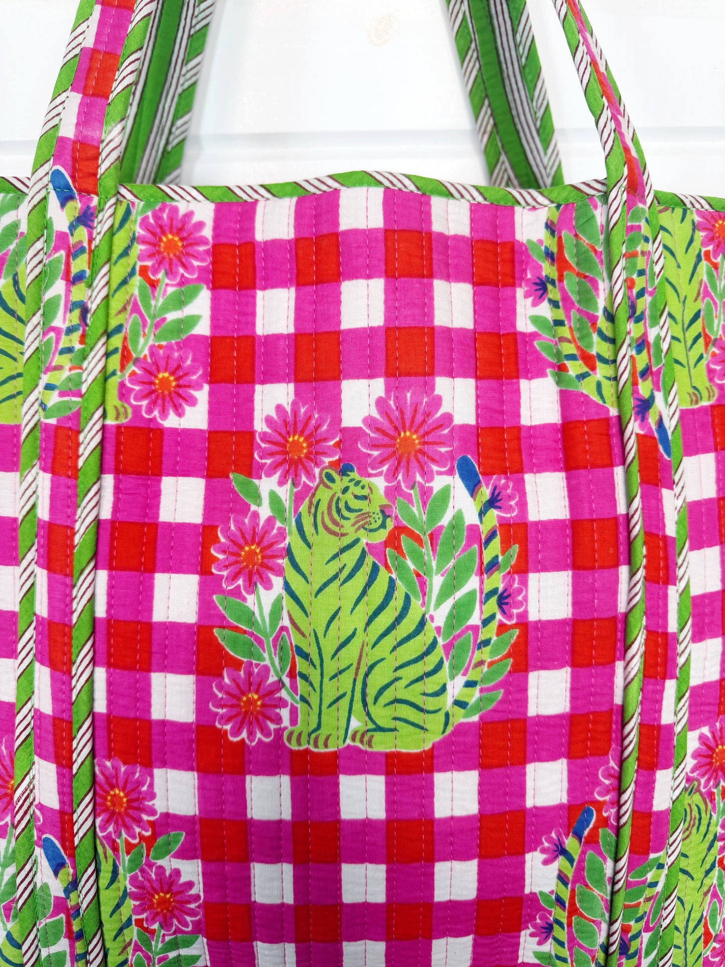 Large Quilted Travel Tote Pink Checkered Tiger