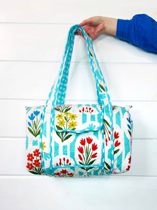 Quilted Mini Duffle Bag Aqua Garden Party