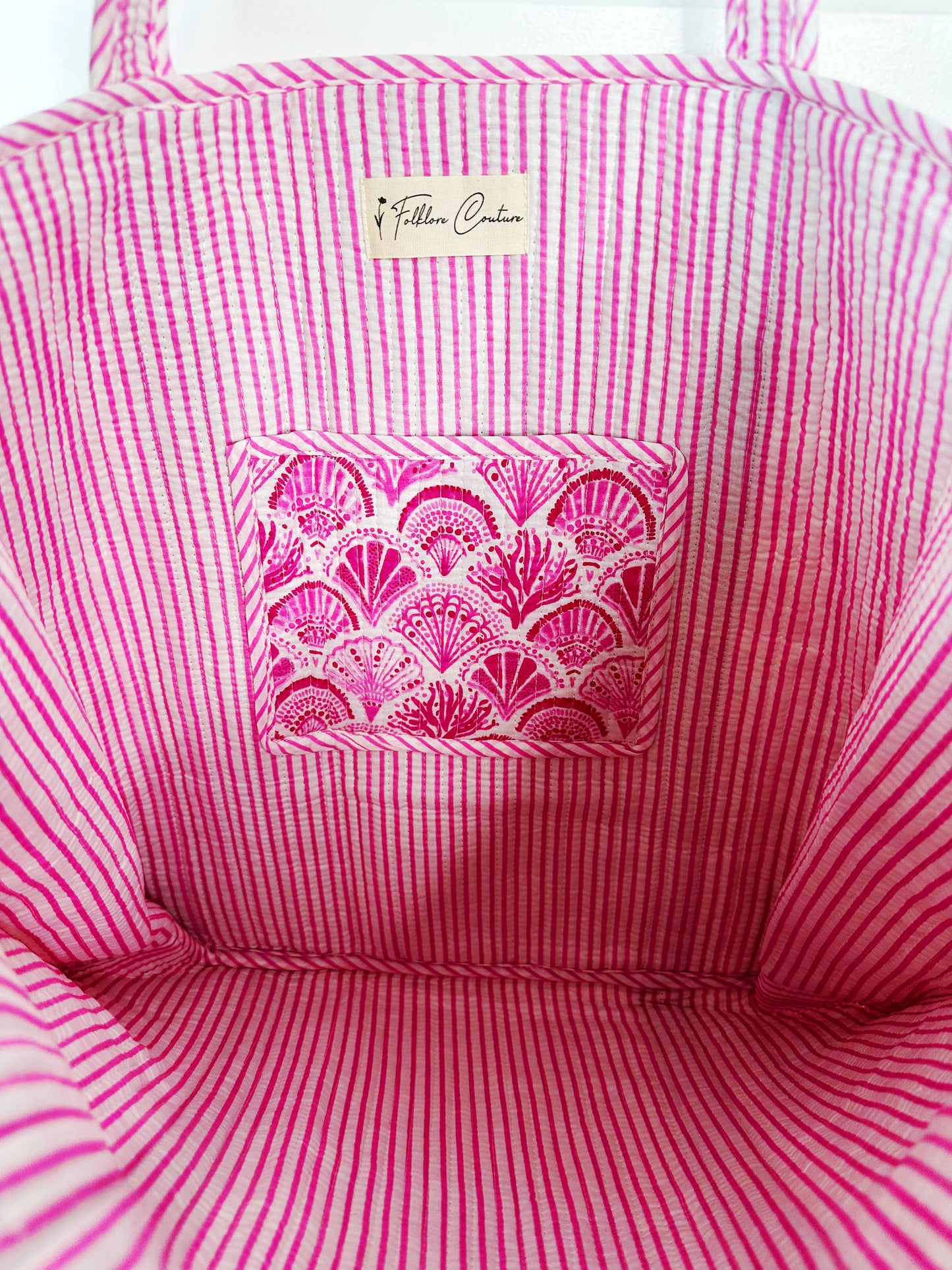Quilted Tote Bag | Pink Seashells Bag | Large Shopping Tote