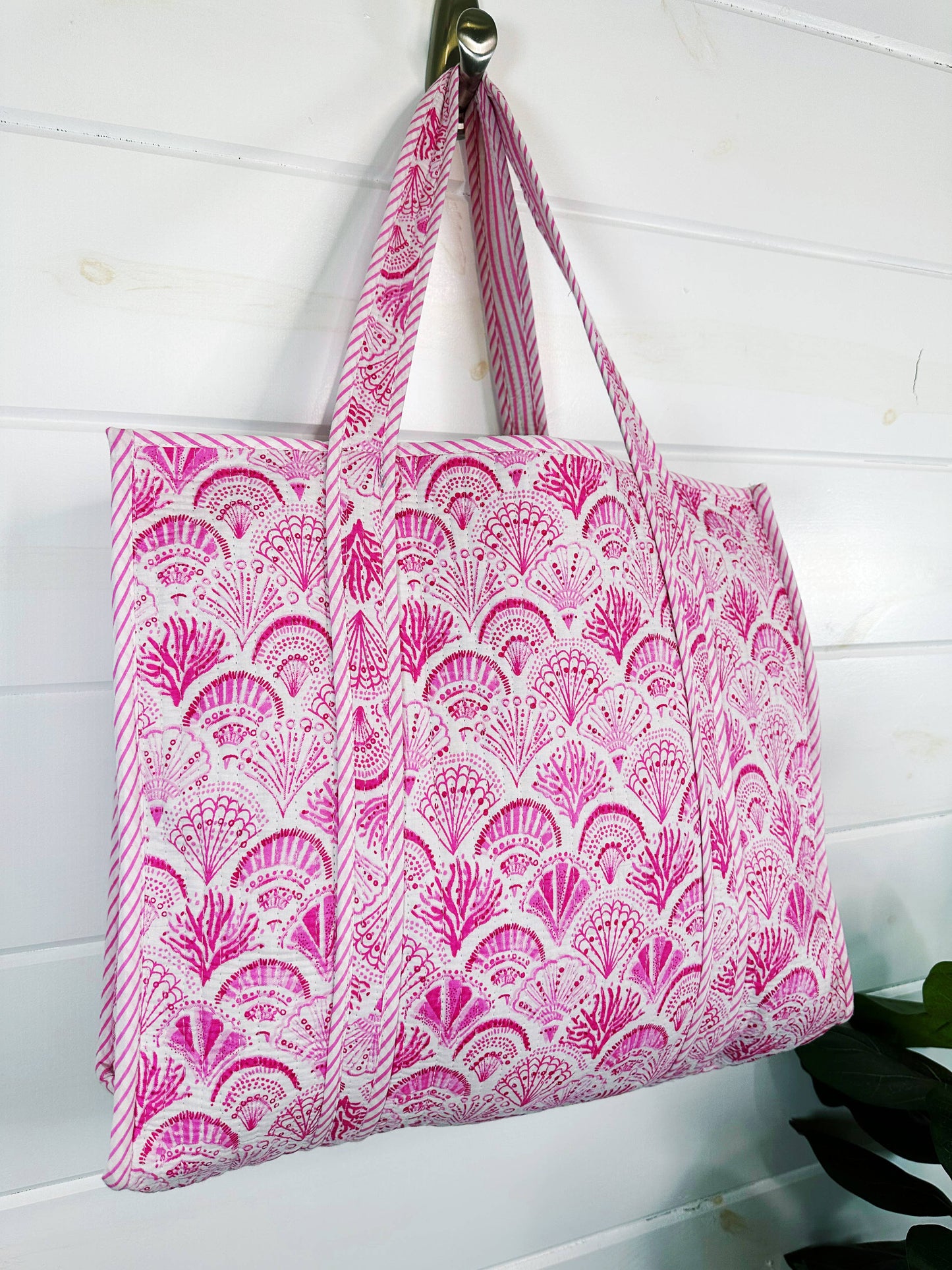 Quilted Tote Bag | Pink Seashells Bag | Large Shopping Tote