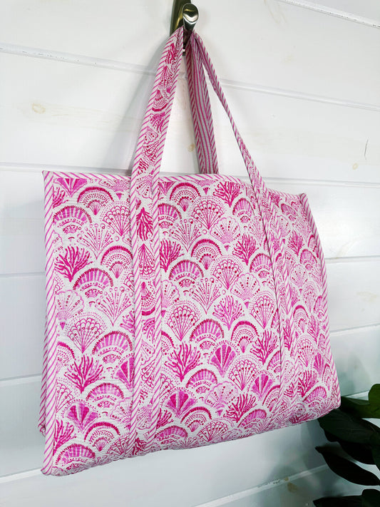 Quilted Tote Bag | Pink Seashells Bag | Large Shopping Tote