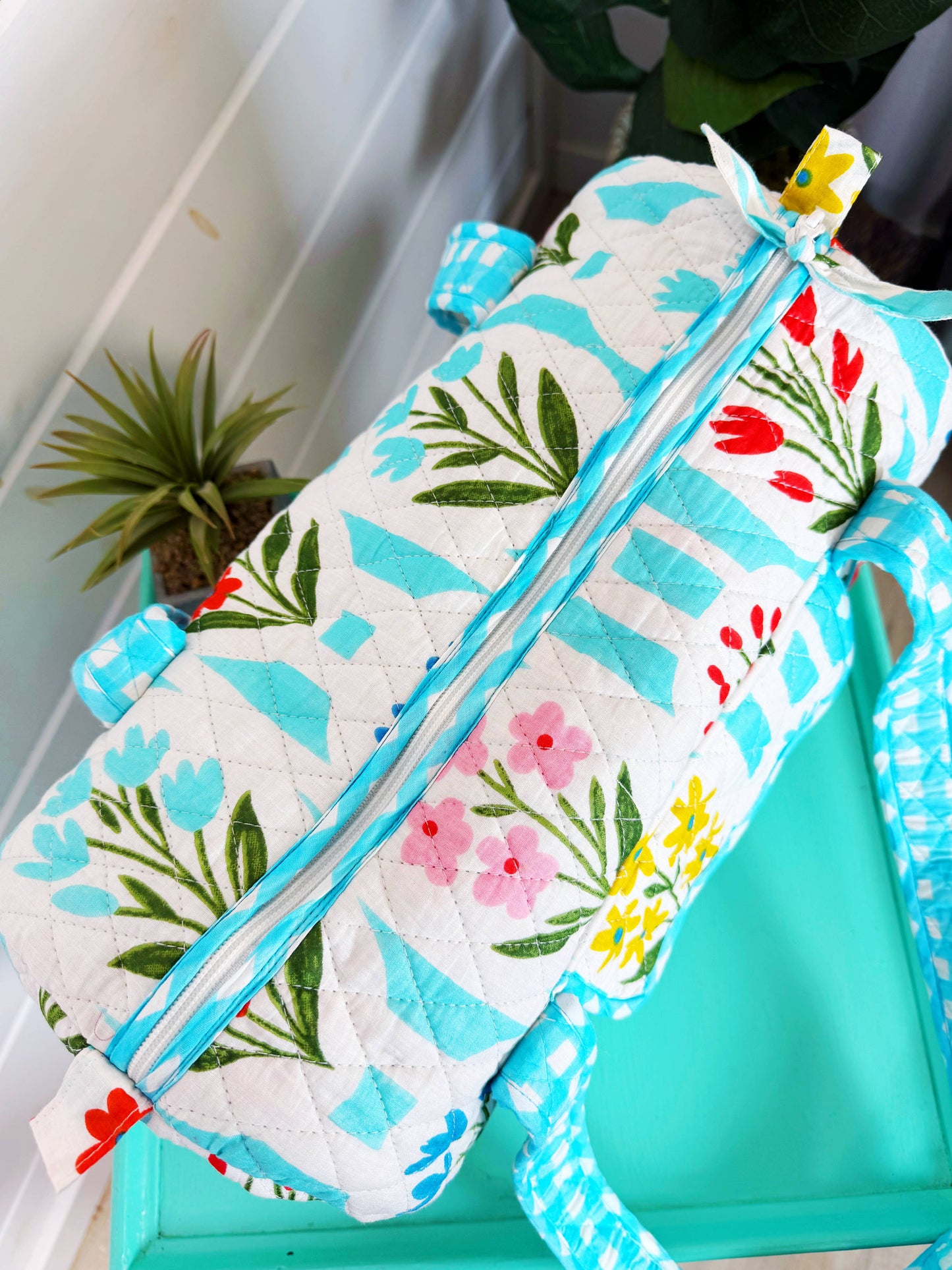 Quilted Mini Duffle Bag Aqua Garden Party