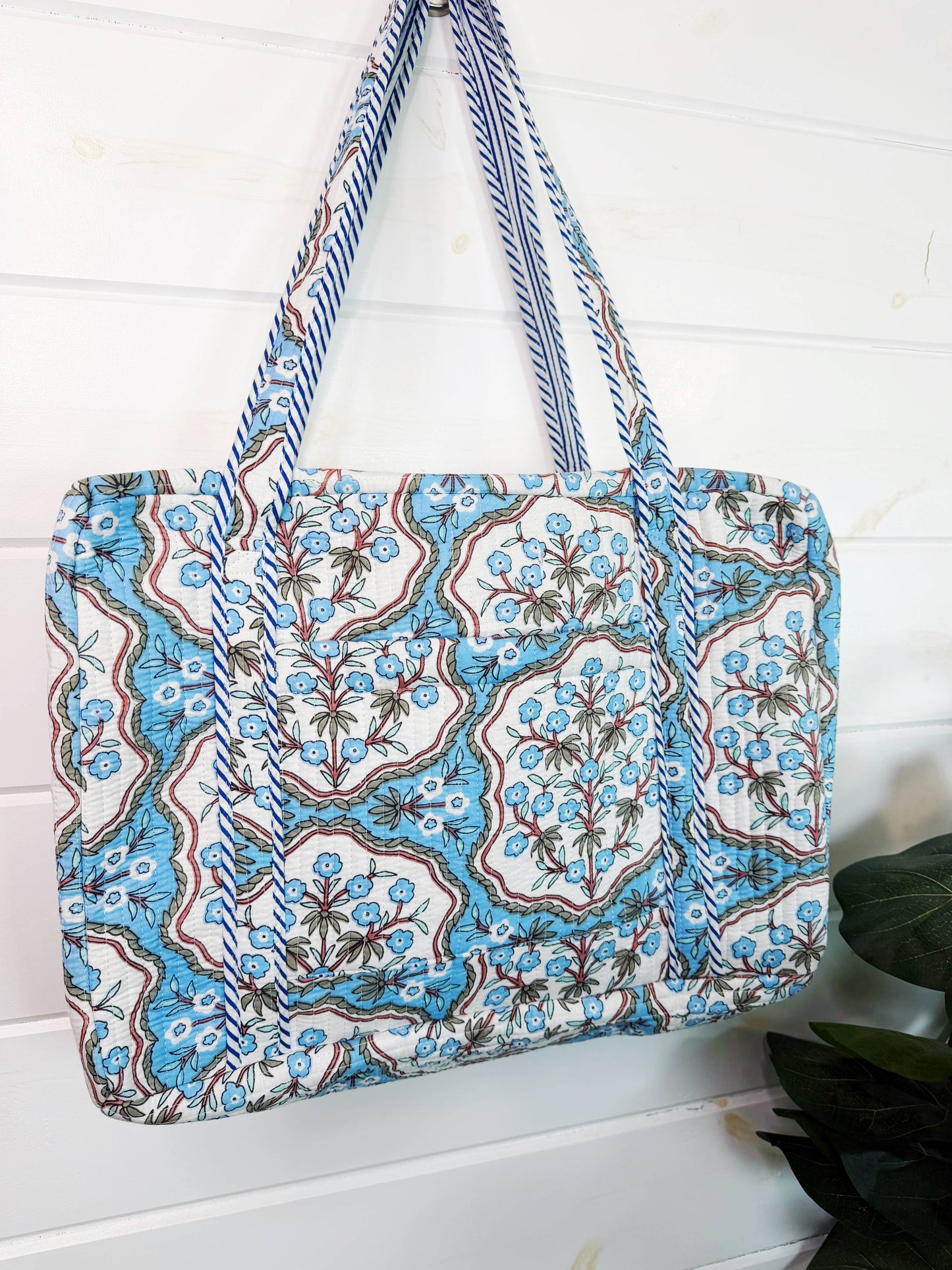 Quilted Weekender Duffle Bag Blue Petals Floral Print