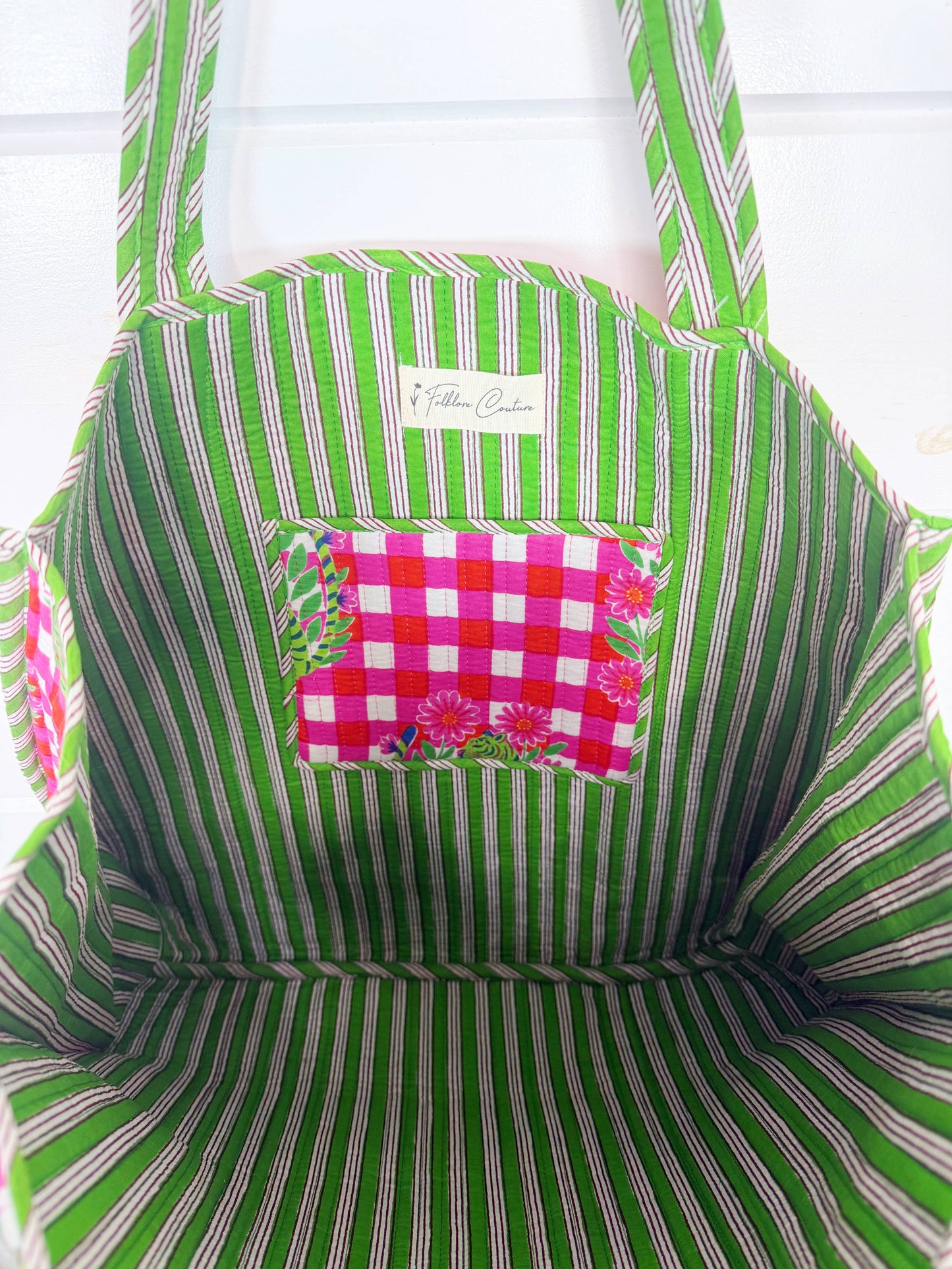 Large Quilted Travel Tote Pink Checkered Tiger